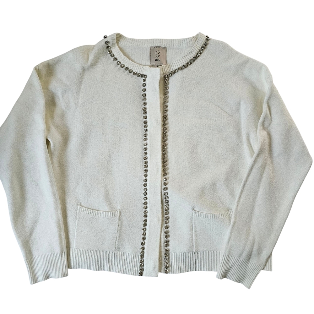Sioni White Cardigan with Silver Embellishments